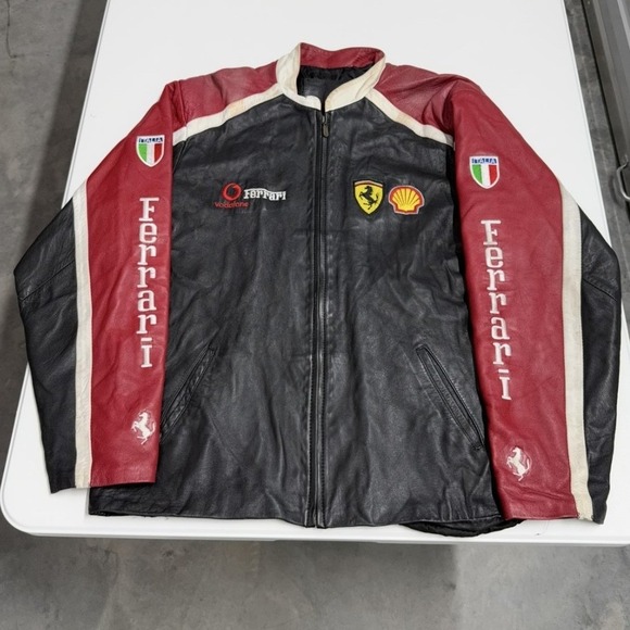Vintage Ferrari Leather Racing Jacket Black Red F1 Shell Vodafone Moto Mens